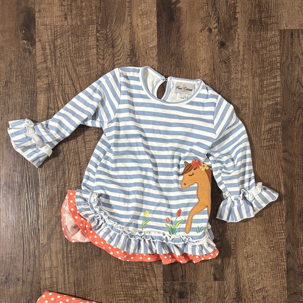 Rare Editions Blue Striped Horse Top with Polka Dot Trim and Pants